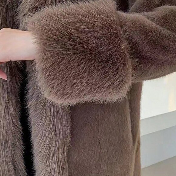 Brown Casual Women's Elegant Faux Fur Collar Jacket - Picture 6 of 8